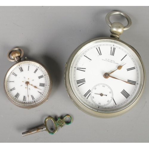 377 - A Waltham pocket watch along with a Swiss silver fob watch.