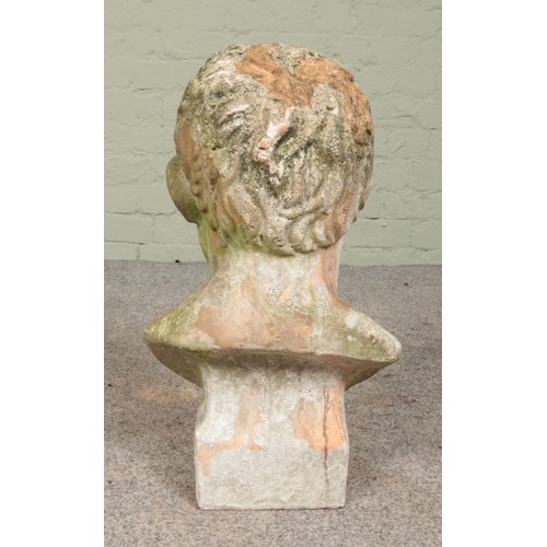 2 - A terracotta bust garden ornament, possibly of Marcus Vipsanius Agrippa. Height: 53cm.