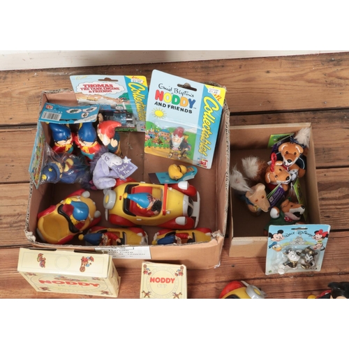 217 - Two boxes of children's toys and collectables to include Mickey Mouse figures, Basil Brush egg cup, ... 