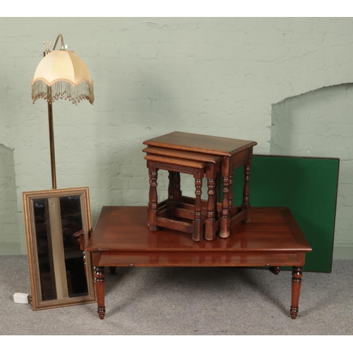 418 - A quantity of furniture. Includes oak nest of three tables, mahogany coffee table, brass standard la... 