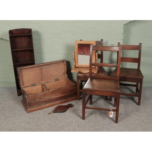 420 - A collection of assorted furniture to include oak shelves, dressing table mirror, three Georgian kit... 