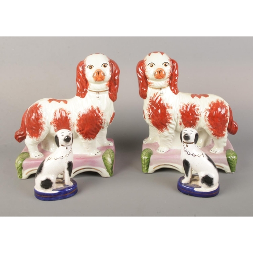 12 - Two pairs of Staffordshire ceramic mantel dogs including standing pair mounted on pink base decorate... 