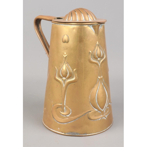 52 - Joseph Sankey & Sons art nouveau brass hot water jug with shell embossed domed cover. Decorated with... 