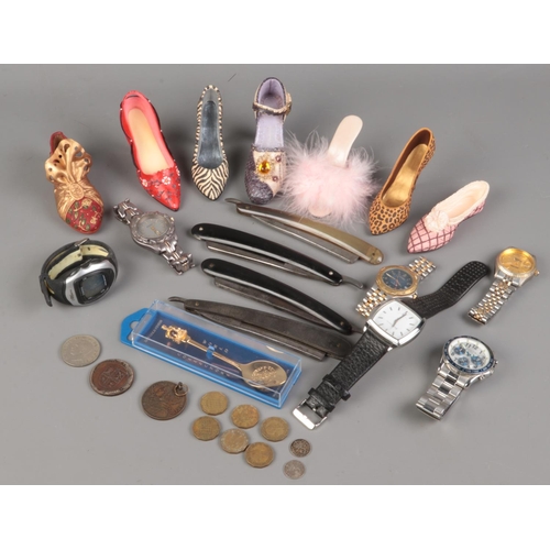 70 - A small quantity of collectables. Includes cut throat razors, wristwatches, Just The Right Shoe, coi... 