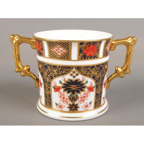 367 - A Royal Crown Derby Imari twin handled loving cup. 1128 pattern. First quality.