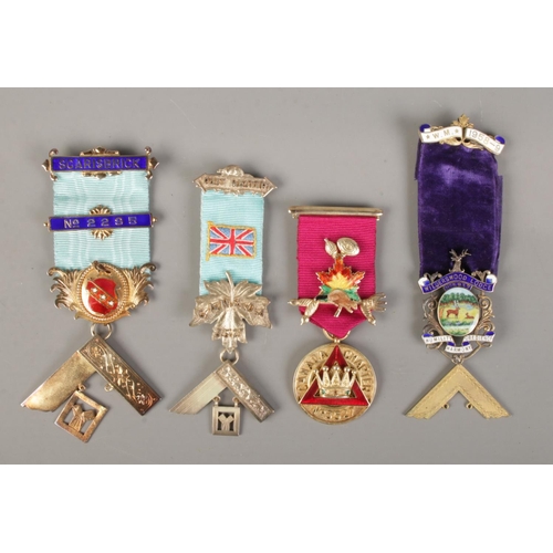 372 - Four silver gilt and enamel masonic medals. Includes Scarisbrick Past Master, Canada Past Master, Ca... 