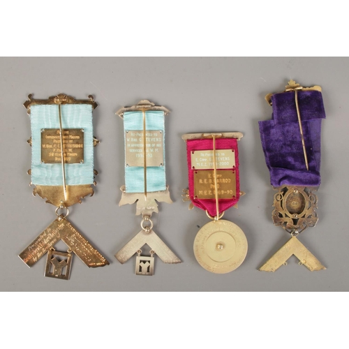 372 - Four silver gilt and enamel masonic medals. Includes Scarisbrick Past Master, Canada Past Master, Ca... 