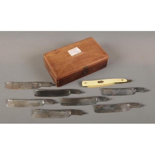 375 - A wooden cased cut throat razor set consisting of ivorine handle and seven John Ledger blades.