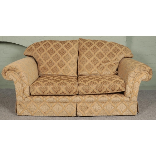 384 - A three piece sofa suite with beige floral upholstery. Comprising of three seat sofa, two seat sofa ... 