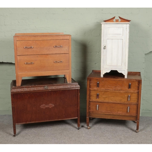 395 - A quantity of furniture including two chest of drawers, bedside cabinet and large blanket box.