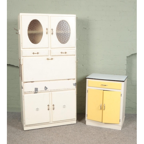 396 - A painted utility cabinet with another smaller cabinet with enamel top.