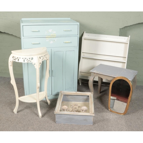 405 - A quantity of assorted painted furniture. Includes tallboy, console table, delph rack, etc.