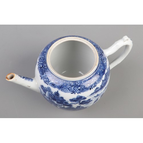 359 - A 19th century bullet shape teapot with blue and white transfer print and lotus flower bud finial. H... 