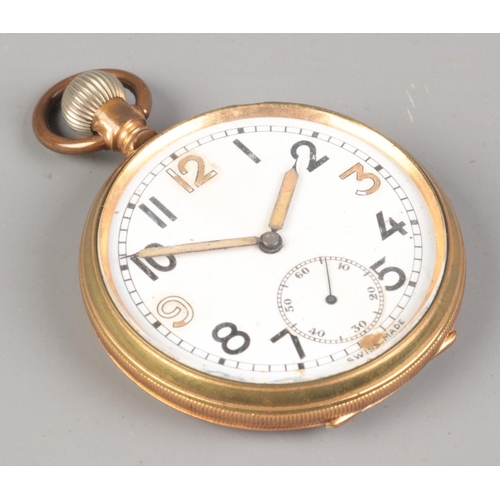 333 - A Swiss Made 15 Jewels, gold filled, open face pocket watch. Engraved F. Hollywood to interior.