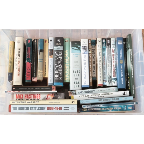 394 - A large box of Battleship and Naval books. Includes The War at Sea, The British Battleships 1906-194... 