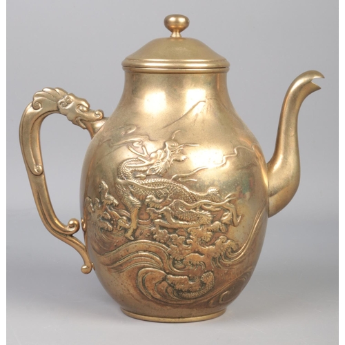 A Chinese Brass Teapot Decorated With A Dragon And Dragon Handle. (21cm)