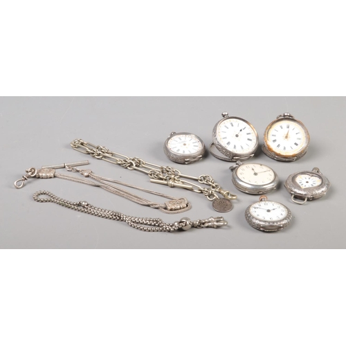 317 - Six silver fob watches, including Swiss examples, all for repair. Together with three white metal Al... 