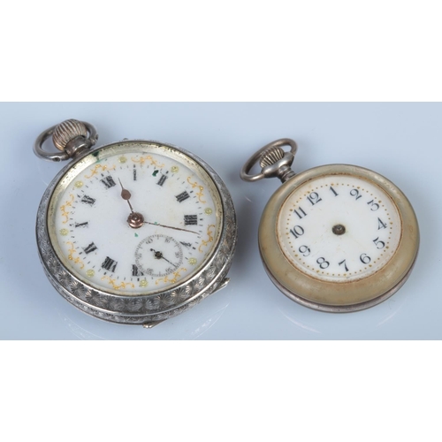 324 - A silver fob watch with floral back plate, Roman Numeral dial and Swiss movement, together with anot... 