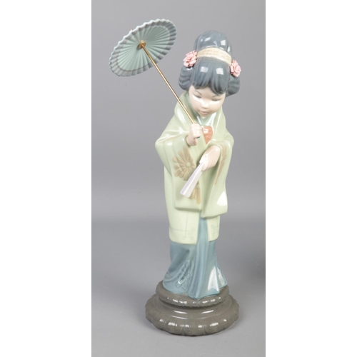 348 - Two Lladro Geisha Girls; with one holding a parasol. Tallest: 29cm.