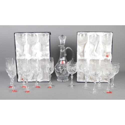 349 - Five boxed sets of French crystal glassware; Souffle Bouche. Includes large decanter, wine glasses a... 