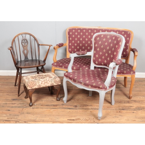 380 - Four pieces of assorted furniture, to include Ercol Fleur de Lys open armchair, footstool and parlou... 