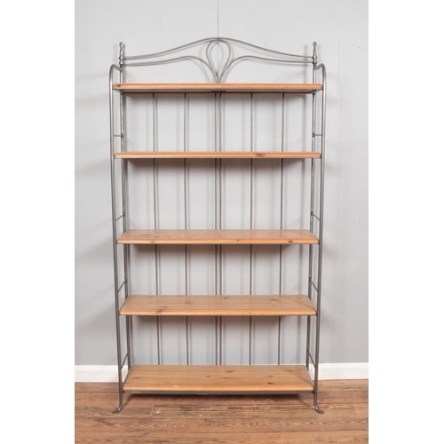 386 - A iron and pine Ducal shelving unit. (186cm x 100cm x 30cm)