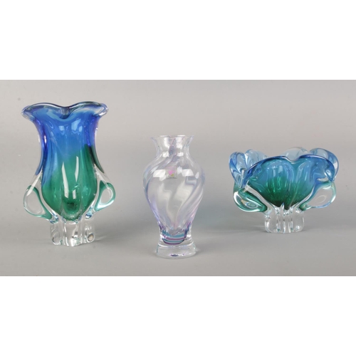 65 - Three pieces of art glass, to include Caithness baluster shaped and two Murano style examples. Talle... 