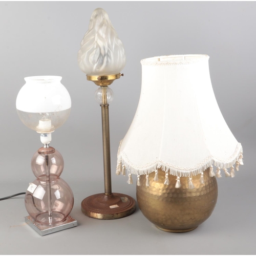 71 - Three assorted table lamps; one with Art Deco style flamed glass shade. Tallest: 54cm.