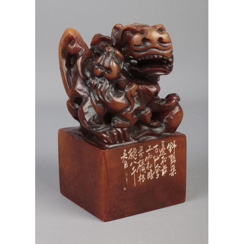 73 - A large Chinese soapstone chop wax seal stamp with hand carved Foo dog and pup to top in original pr... 