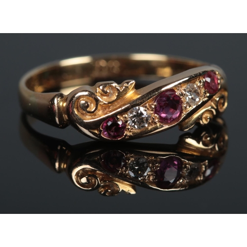 364 - An Edwardian 18ct Gold, Ruby and Diamond five stone ring. Size L. Total weight: 2.6g