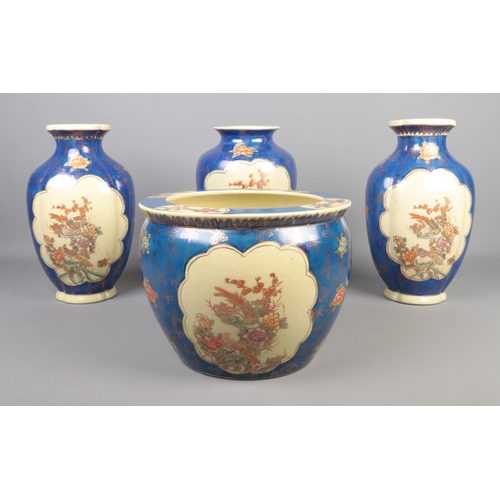 84 - A collection of large hand painted Satsuma ceramics including three vases and a jardinière.

Tallest... 