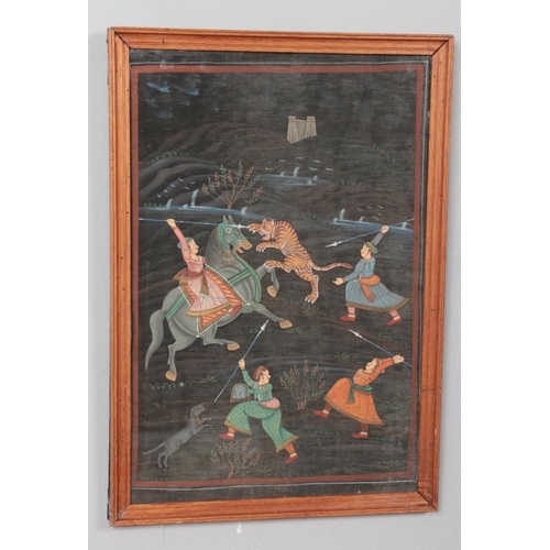 308 - A framed 19th century Indian painting on silk depicting a tiger hunt. 50cm x 33cm.