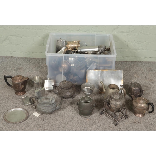 159 - A large box of metalwares for restoration. Includes teapots, hip flasks, spirit kettle, etc.