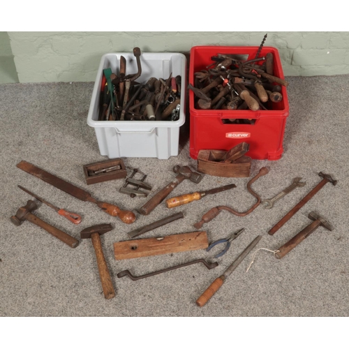 166 - Two boxes of vintage hand tools. Includes spanners, screwdrivers, planes, hammers, etc.