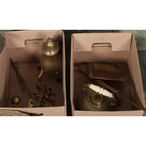 174 - Two boxes of mostly brassware. Includes rearing horse figure, large key, hanging oil lamp, erotic pl... 