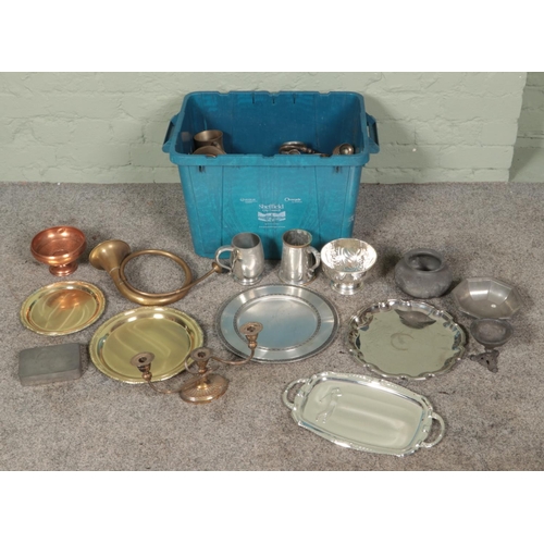 176 - A box of metalwares. Includes brass bugle, tankards, trays, repousse decorated bowl, etc.