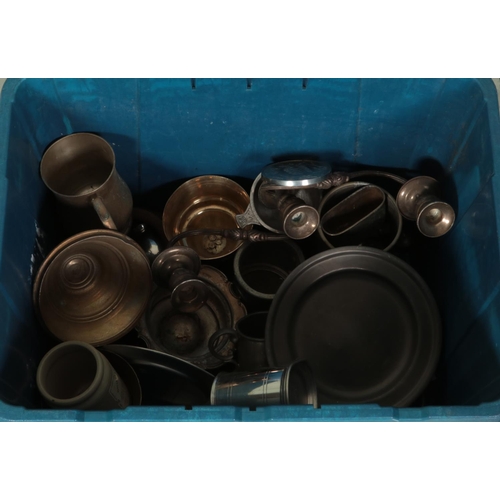 176 - A box of metalwares. Includes brass bugle, tankards, trays, repousse decorated bowl, etc.