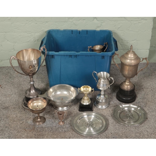 178 - A box of metal trophies and plaques. Includes large twin handle examples, etc.