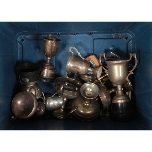 178 - A box of metal trophies and plaques. Includes large twin handle examples, etc.