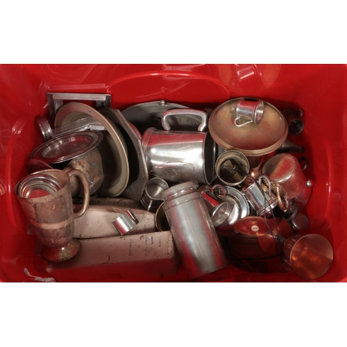 180 - A large box of metalwares. Includes large trays, tankards, photo frames, teapots, jugs, etc.