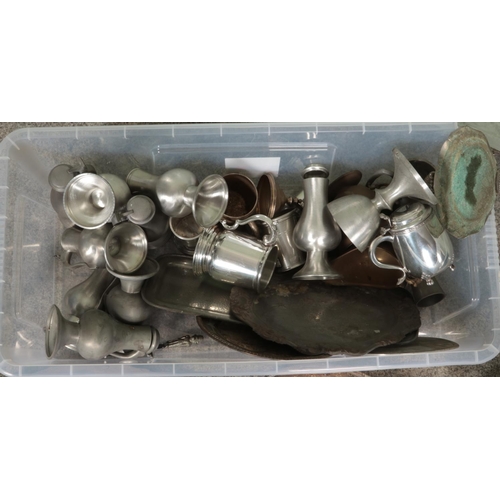 188 - A large box of metalwares. Includes ewers, tankards, candlesticks, trays, etc.