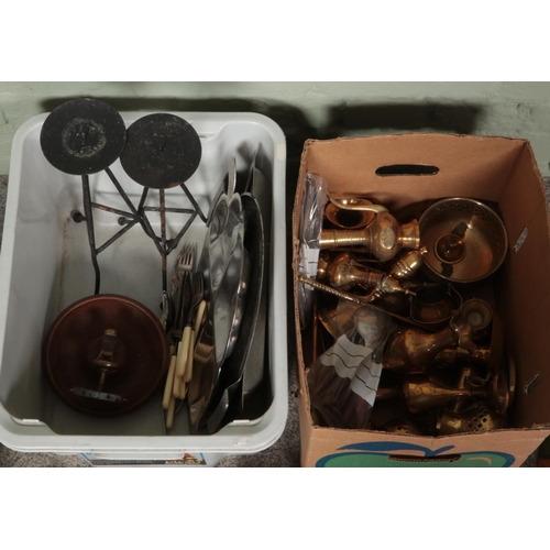 211 - Two boxes of metalware. Includes brass mining figure, companion set, teapot, vases, etc.