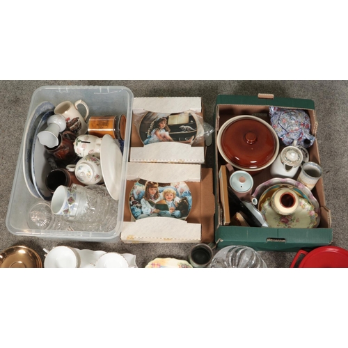 220 - Two boxes of miscellaneous. Includes Shelley, oak desk organiser, boxed cabinet plates, studio potte... 