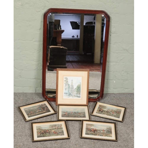 302 - A mahogany framed mirror along with a collection of prints. Includes Alken and Harris hunting prints... 