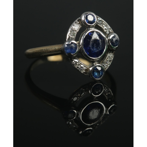 357 - An Art Deco cluster ring, set with diamonds and sapphire coloured stones. Size L½. Total weight: 3.4... 
