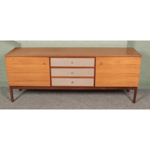 477 - Hunter and Smallpage of York vintage sideboard with matching set of three drawers featuring burlap c... 