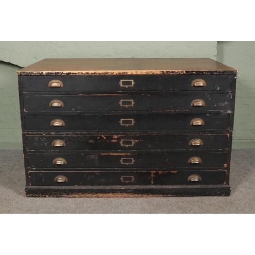 488 - An early/mid 20th century plan chest in two sections with painted body and six fitted draws with bra... 