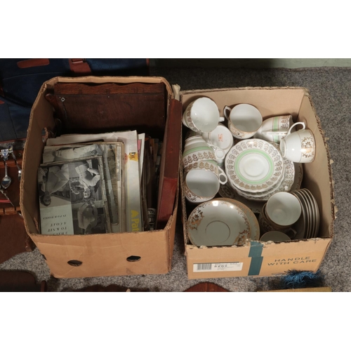 152 - Two boxes of miscellaneous to include Gladstone part tea service, Czech tea service, knitting patter... 