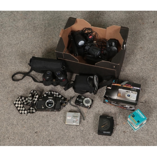 155 - A box of assorted cameras and equipment to include Vivitar 250/SL, Panasonic DMC-TZ3, Panagor Auto-M... 