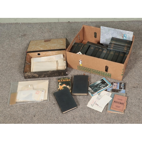 158 - A box of vintage books and ephemera to include Bohn's Classical Library, First Day covers and postca... 